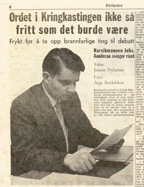 Johs. Aanderaa si oppseiing blei tema i pressa, utan at homofili-saka blei nemnd. Her faksimile frå Lofotposten 17. november 1958.