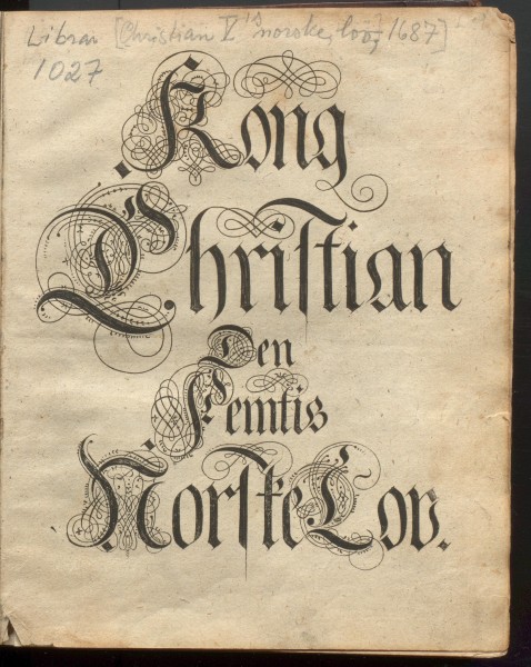 Tittelblad/illustrasjon fra Kong Christian Vs norske lov av 1687. Illustrasjonskilde: Manuskript- og librarsamlingen, Universitetsbiblioteket i Bergen