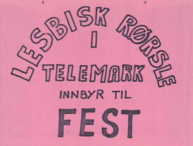 Klipp fra en invitasjon til fest med Lesbisk Rørsle i Telemark, 21. januar 1983.