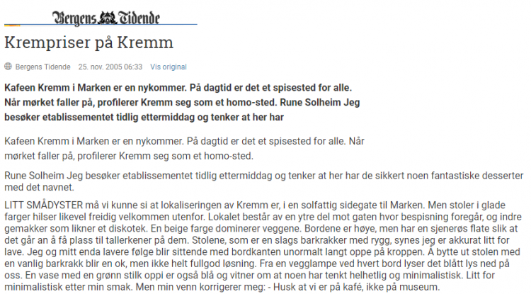 Utsnitt fra Bergens tidendes anmeldelse av Kremm 25.11.2005.